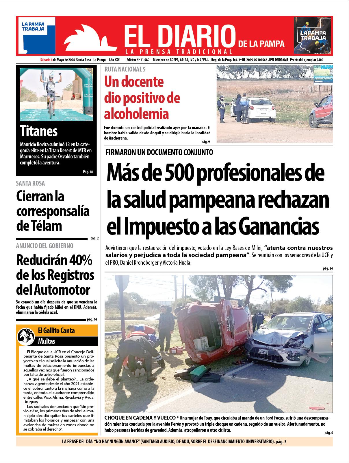 Tapa de El Diario en papel  saacutebado 04 de mayo de 2024